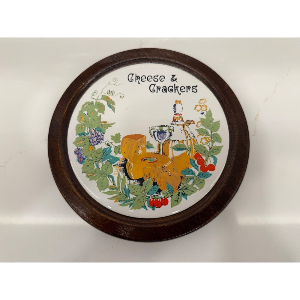 Vintage Cheese and Crackers Round‎ Wood Serving Board Ceramic Tile Inlay 1970s